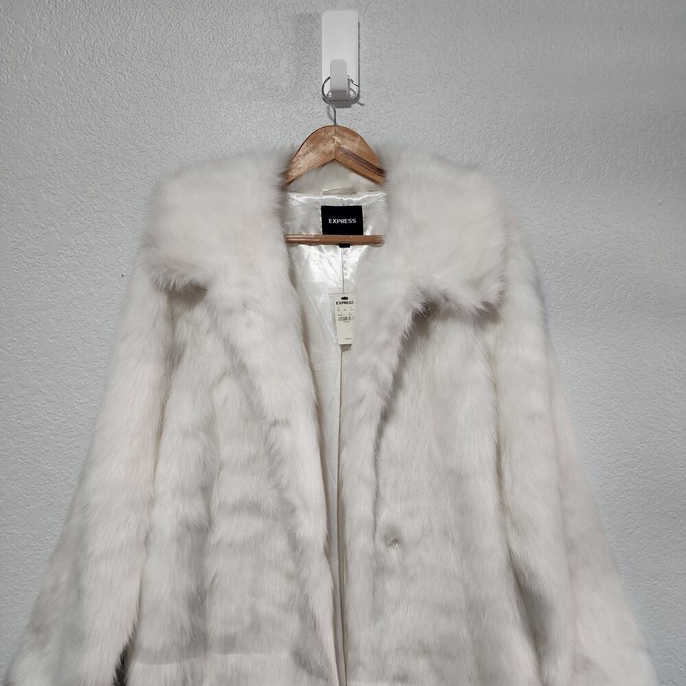Express Women White Faux Fur Coat Jacket Open Front Large NTW Glam - Picture 4 of 10